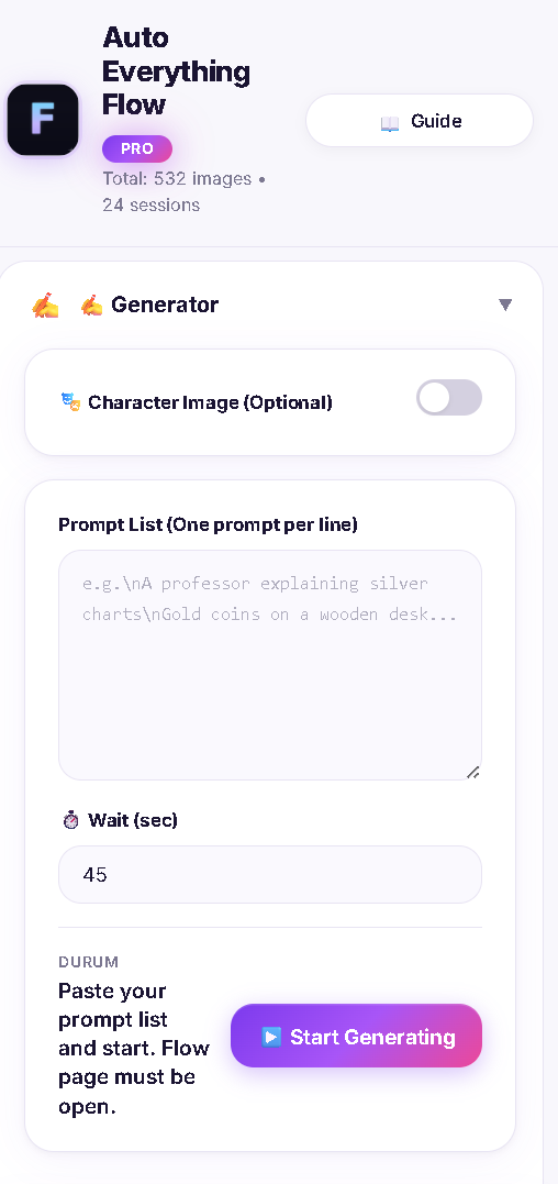 Auto Everything Flow prompt generator with character image, prompt list and start button