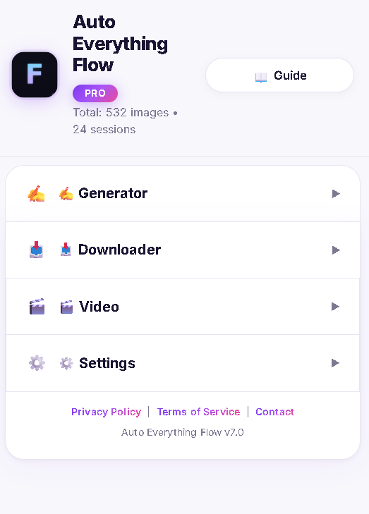 Auto Everything Flow main menu showing Generator, Downloader, Video and Settings sections